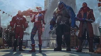 Deadshot, Harley Quinn, King Shark and Captain Boomerang standing in a destroyed Metropolis