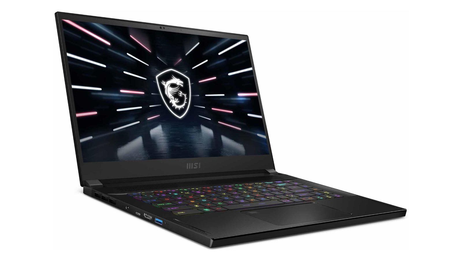 Best Redfall gaming laptop - MSI Stealth GS66 product image of a black gaming laptop featuring multi-coloured backlit keys and MSI branding on the display in white.