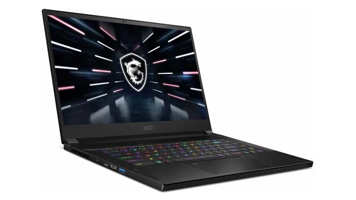 Best Redfall gaming laptop - MSI Stealth GS66 product image of a black gaming laptop featuring multi-coloured backlit keys and MSI branding on the display in white.