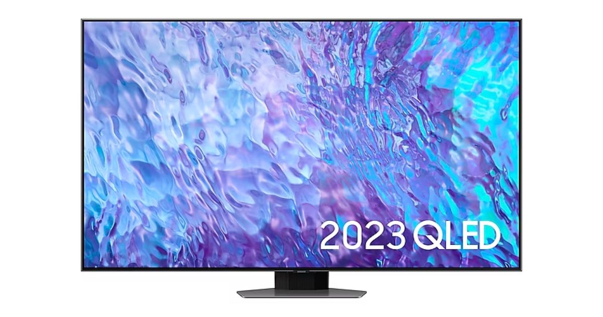 Samsung QLED Q80C product image of a black near-frameless TV with a watery blue and purple pattern on the display.