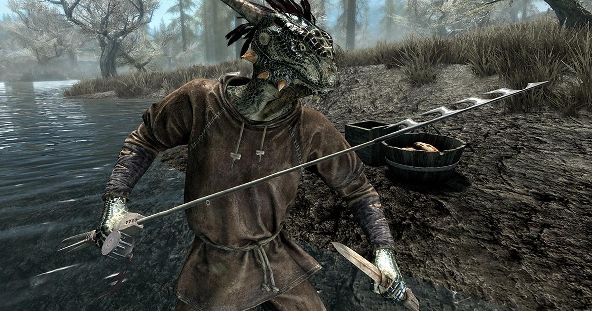 An argonian fishing in Skyrim's Anniversary Edition.