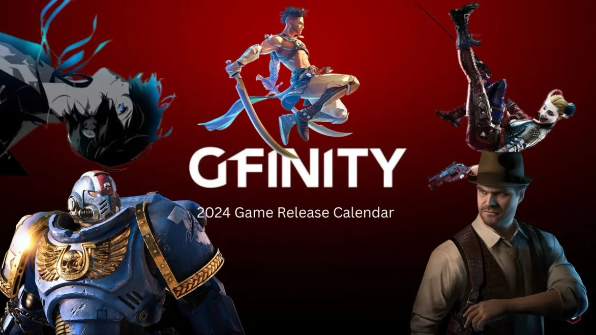 A compilation of characters from upcoming games surrounding the word Gfinity
