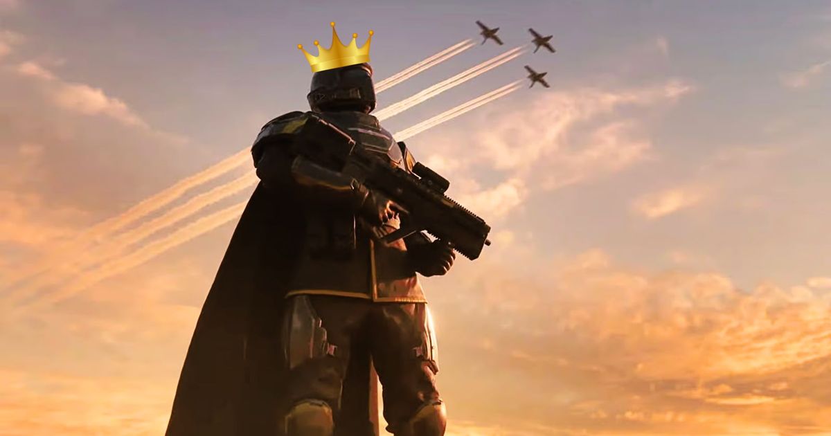 A Helldivers 2 character wearing a cartoon crown