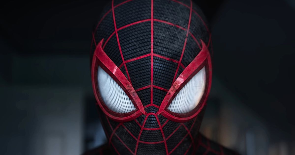 A close-up of Miles Morales in his Spider-Man mask