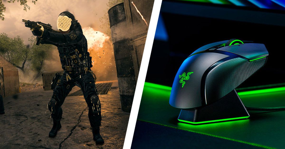 One one side of a diagonal white line, a solider firing a weapon with an orange mask over their eyes. On the other side, a black mouse with green trim resting on a charging dock.