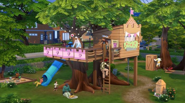 Sims playing in a tree house in the Sims 4.