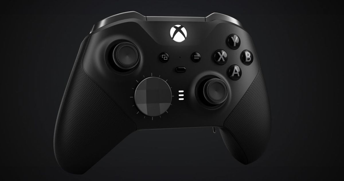 Xbox Elite Series 2 controller in black with a gradient white and grey touchpad on the left.