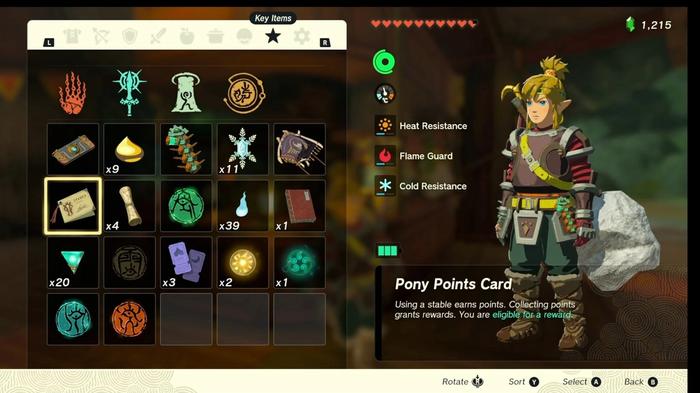 The Pony Points Card viewable from the Key Items menu in Zelda Tears of the Kingdom.