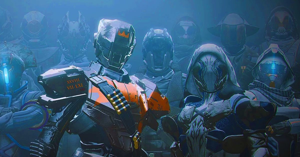 Destiny 2: multiple characters in full futuristic body armour that obscures their faces