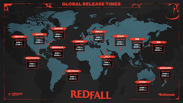 Screenshot of Redfall release times on world map with red boxes containing times for each region