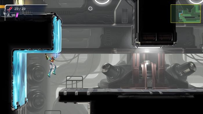 Image of Samus traversing a spaceship in Metroid Dread.
