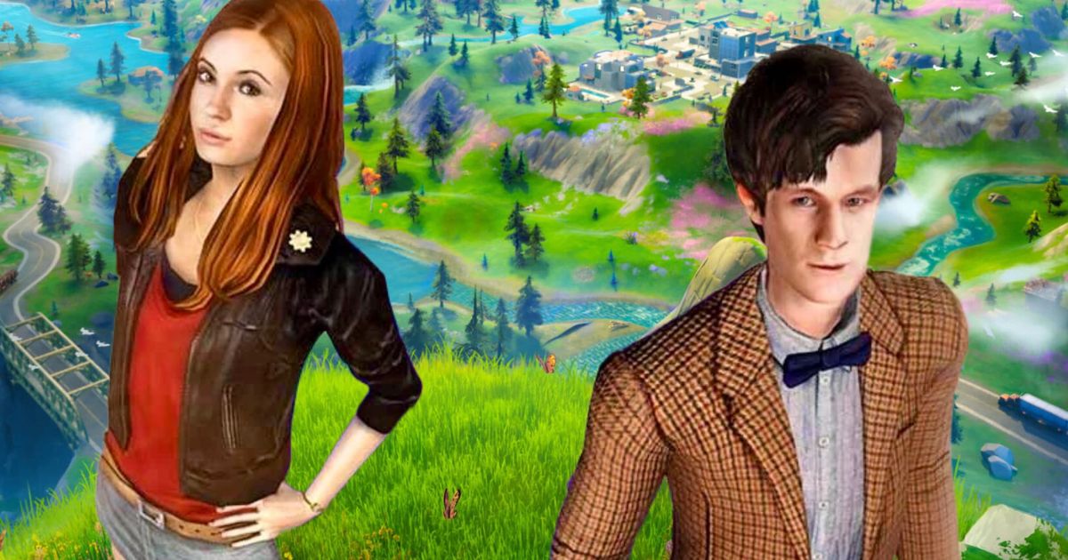 Doctor Who's The Doctor and Amy Pond standing in the default Fortnite field