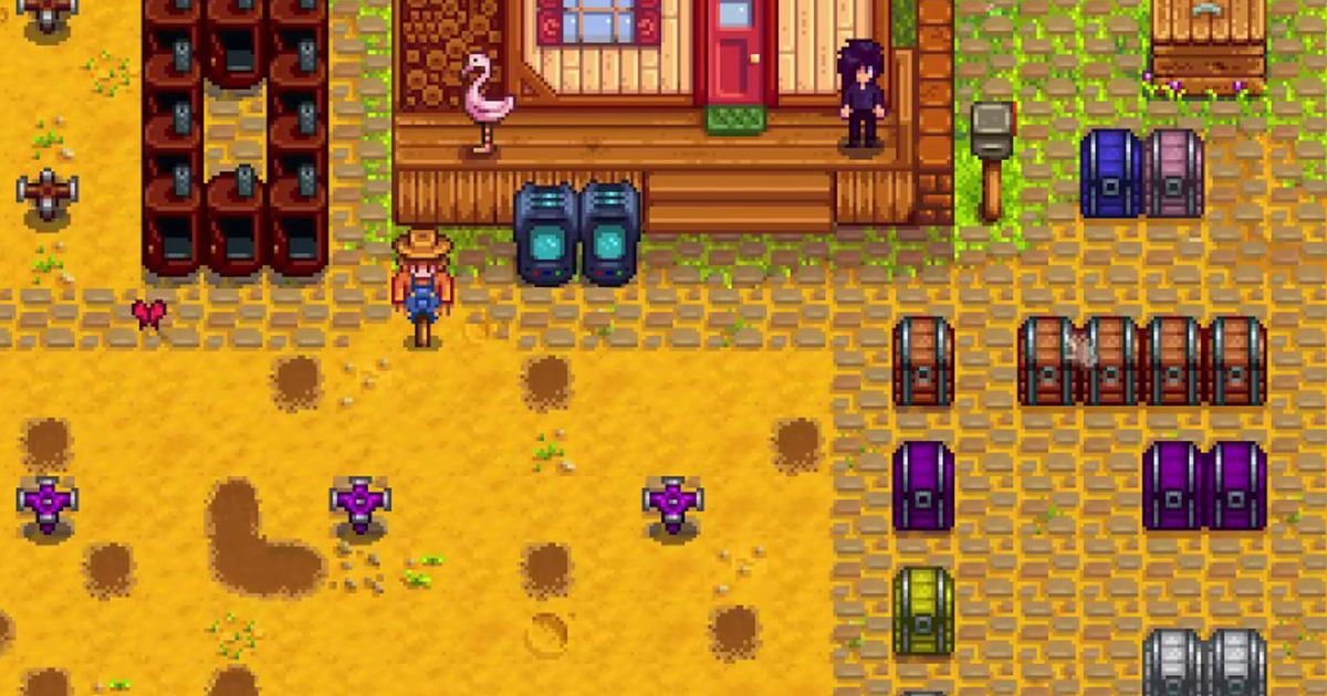 Stardew Valley player standing outside of farm with chests in front of house