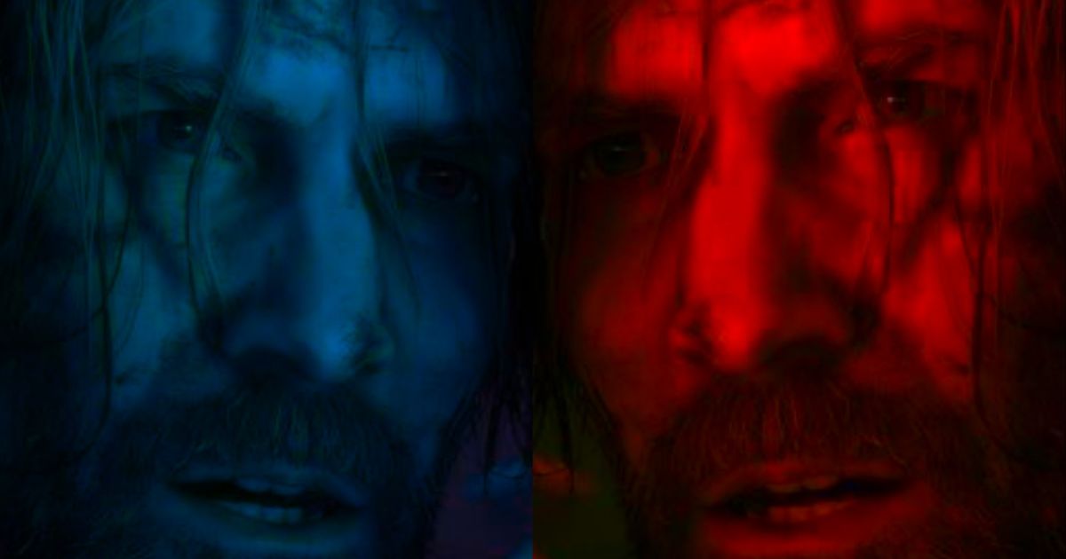 Alan Wake 2 close-up of two Alans looking at each other. one is bathed in blue light, the other in red