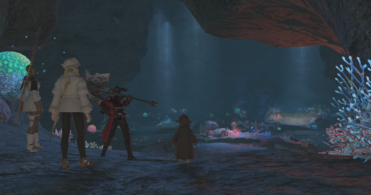 An image of four adventurers ready to take on an aquatic, underground cavern from the FFXIV Dungeon Sastasha.