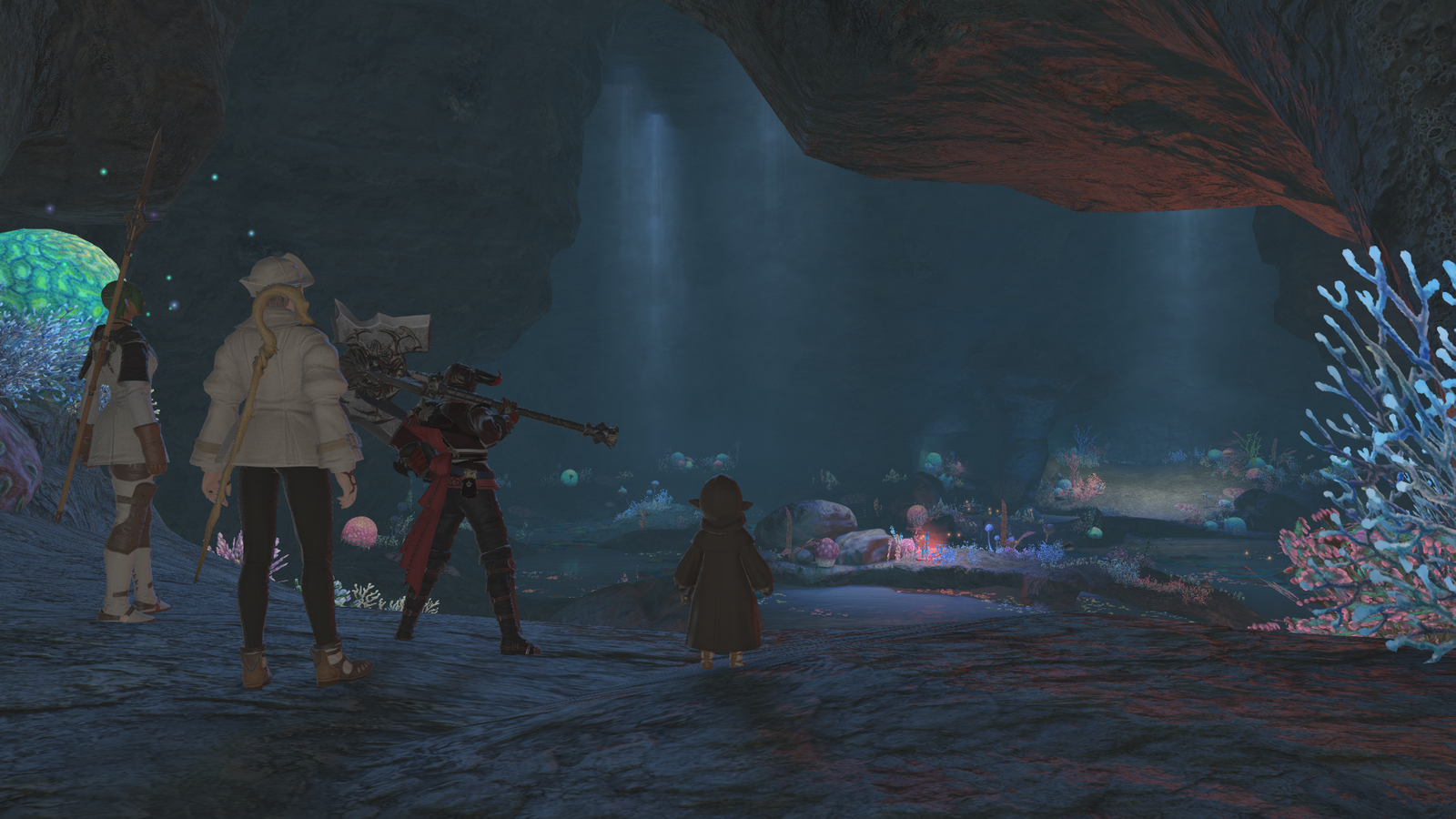An image of four adventurers ready to take on an aquatic, underground cavern from the FFXIV Dungeon Sastasha.
