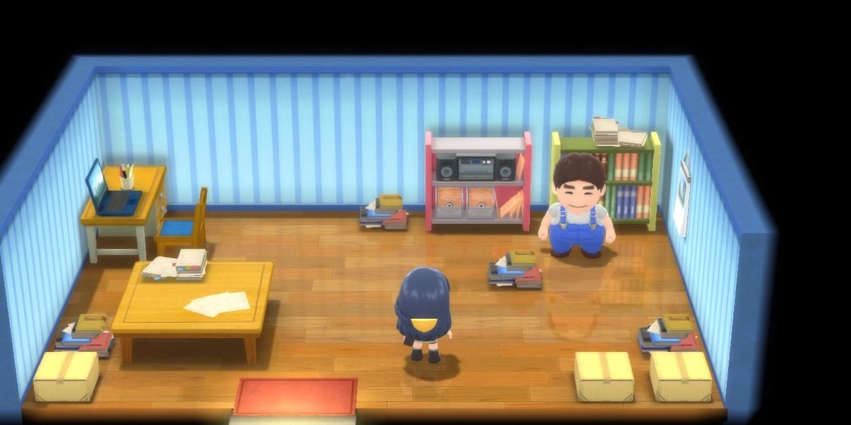 A Pokemon Trainer is inside the home of the Move Relearner in Pastoria City, in Pokémon Brilliant Diamond and Shining Pearl.