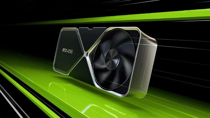 Image of a silver and black RTX 4090 on a green and black background.