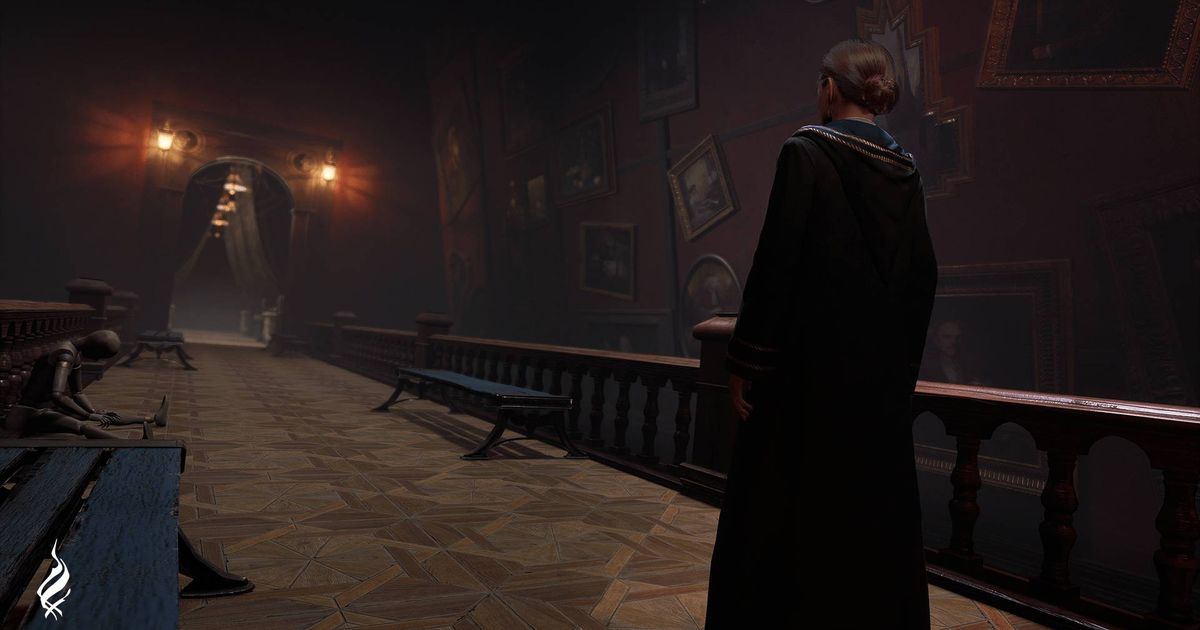 A Hogwarts student walking down a warped hallway in Hogwarts Legacy.