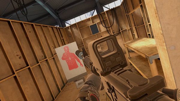 A first-person shot from Pavlov VR of someone aiming a weapon with a sight down at a red and white target.
