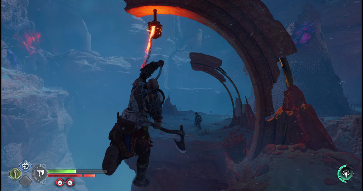 Kratos swinging in God of War Ragnarok