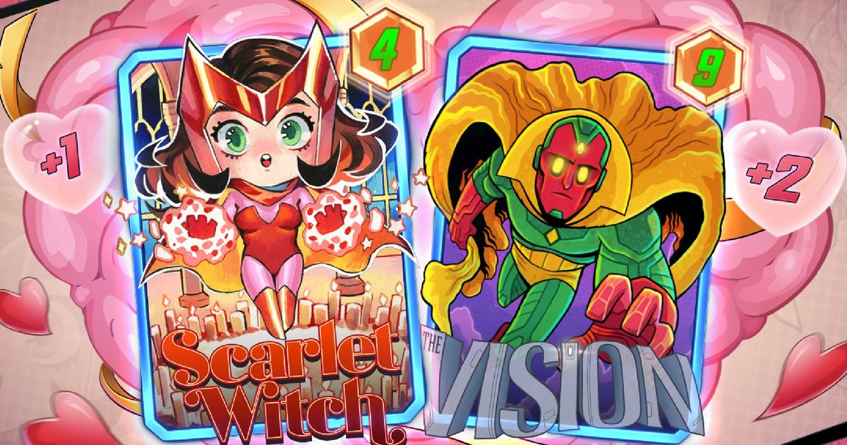 Marvel Snap Vision and Scarlet Witch cards next to love hearts with power boosts