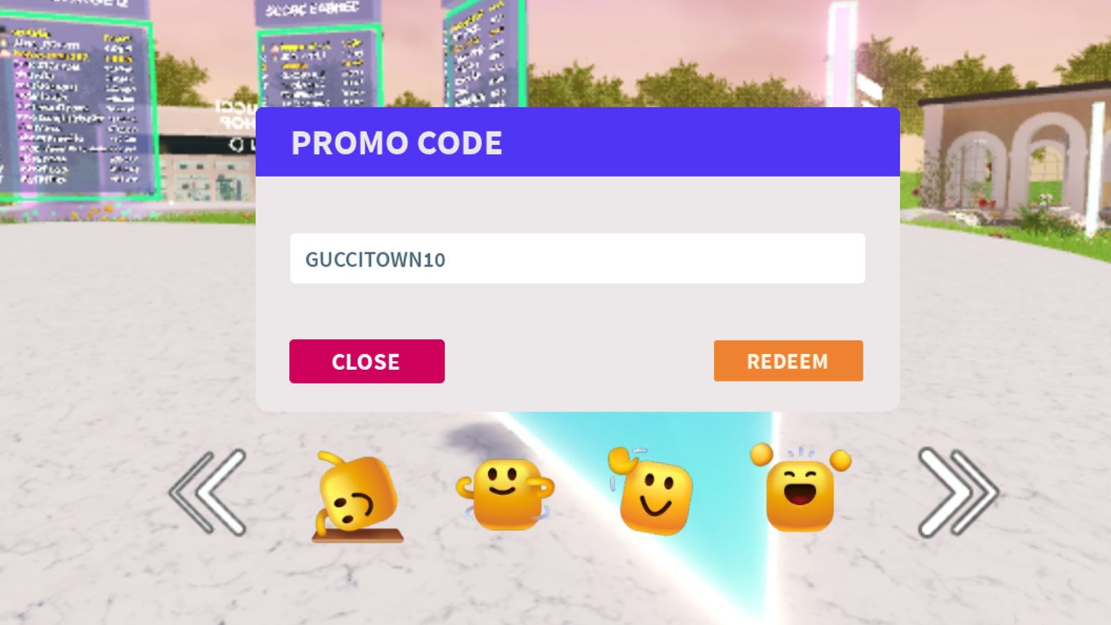 Image of the Gucci Town code redemption screen.