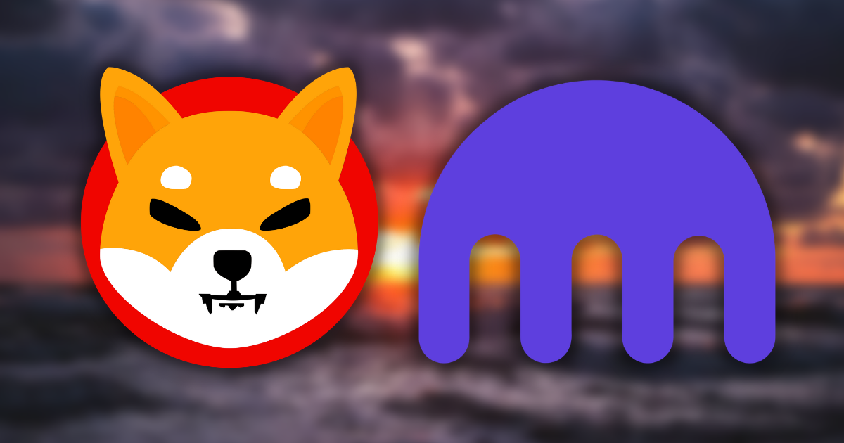 Image of Shiba Inu (SHIB) logo next to the Kraken logo against a blurred ocean background with a sunset.