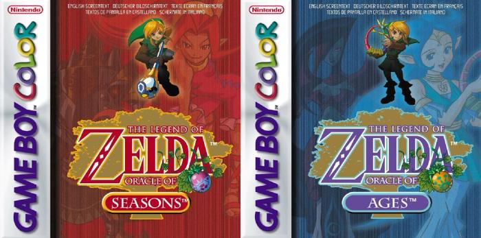Image of two Game Boy Color Zelda covers, one red, one blue.