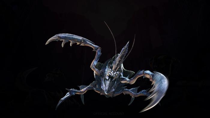 Shogun Ceanataur stands in front of a black background. It's a crab-like monster with mantis blades at the end of its claws
