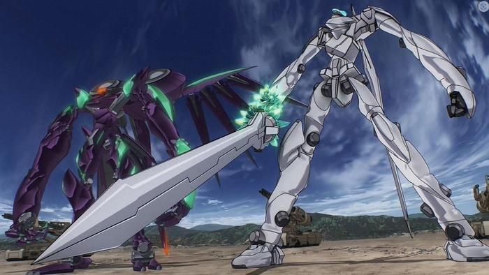 A purple and a white mecha stand side-by-side.