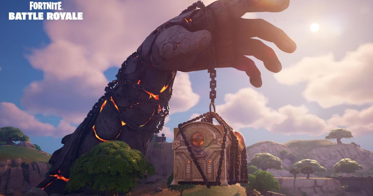 fortnite battle royale pandora's box in chains hanging from titan hand