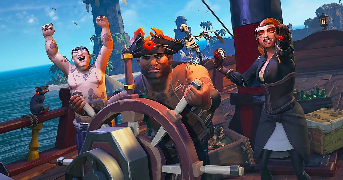 A group of pirates in Sea of Thieves, with one cheering on the left, one pointing towards the camera on the right, and the central pirate sailing the ship from the wheel.