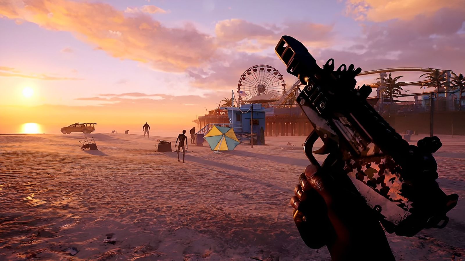 Dead Island 2 player holding submachine gun on Santa Monica beach