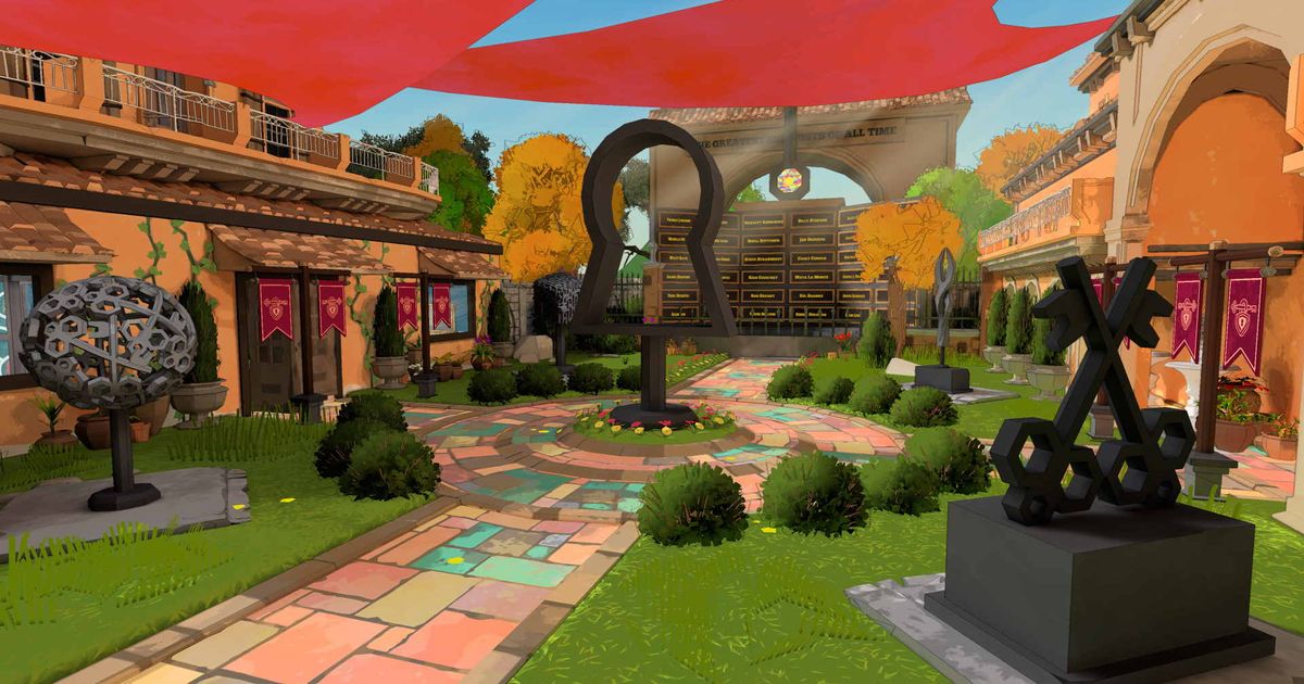 A screenshot of the garden in Escape Academy, featuring multiple sculptures including a giant lock, a cube, and some crossed keys.