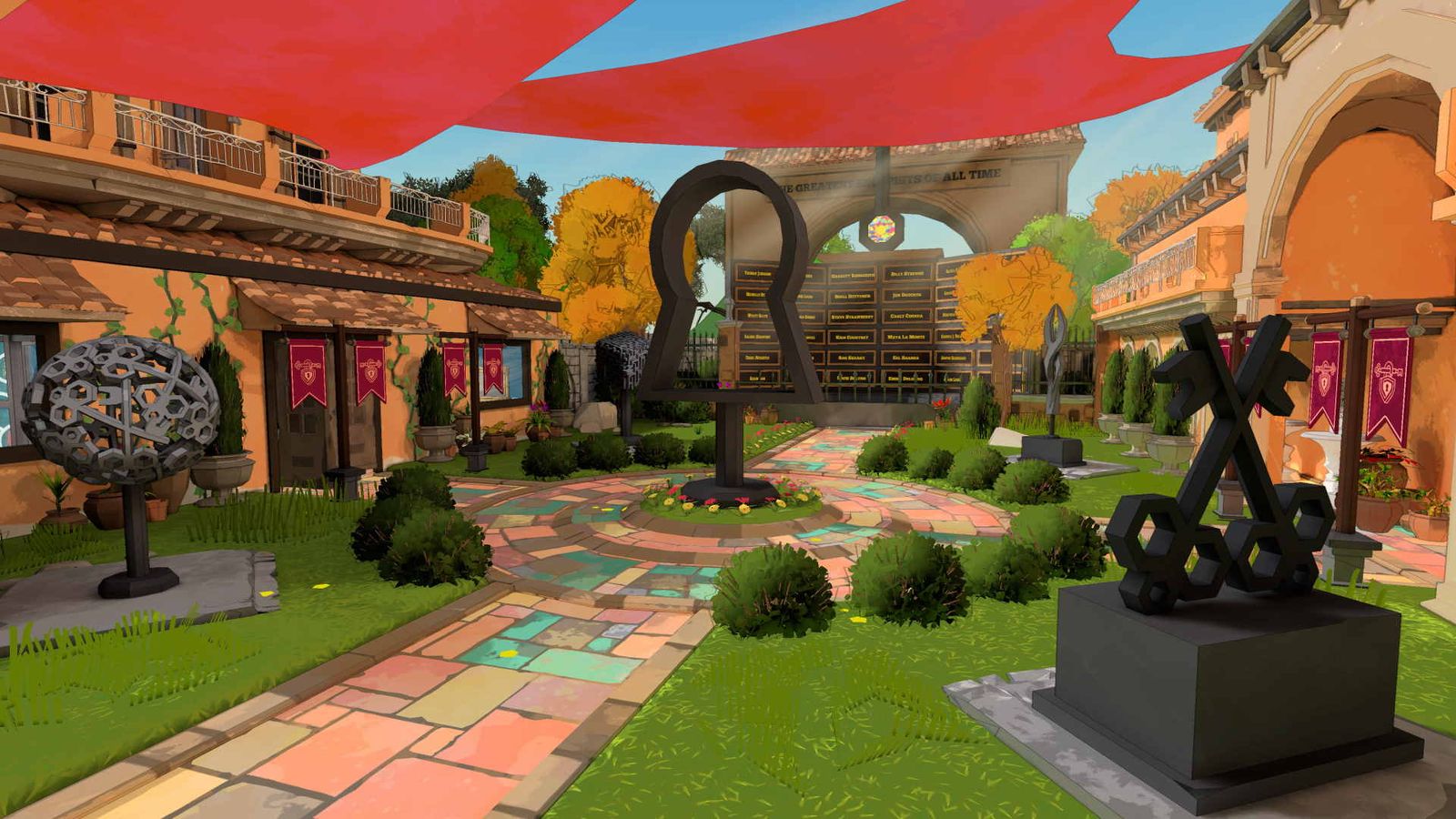 A screenshot of the garden in Escape Academy, featuring multiple sculptures including a giant lock, a cube, and some crossed keys.