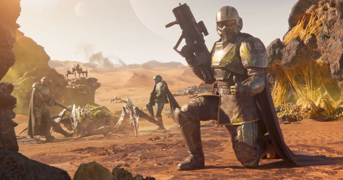 helldivers 2 character holding gun giving thumbs up with dead creature and soldiers in background