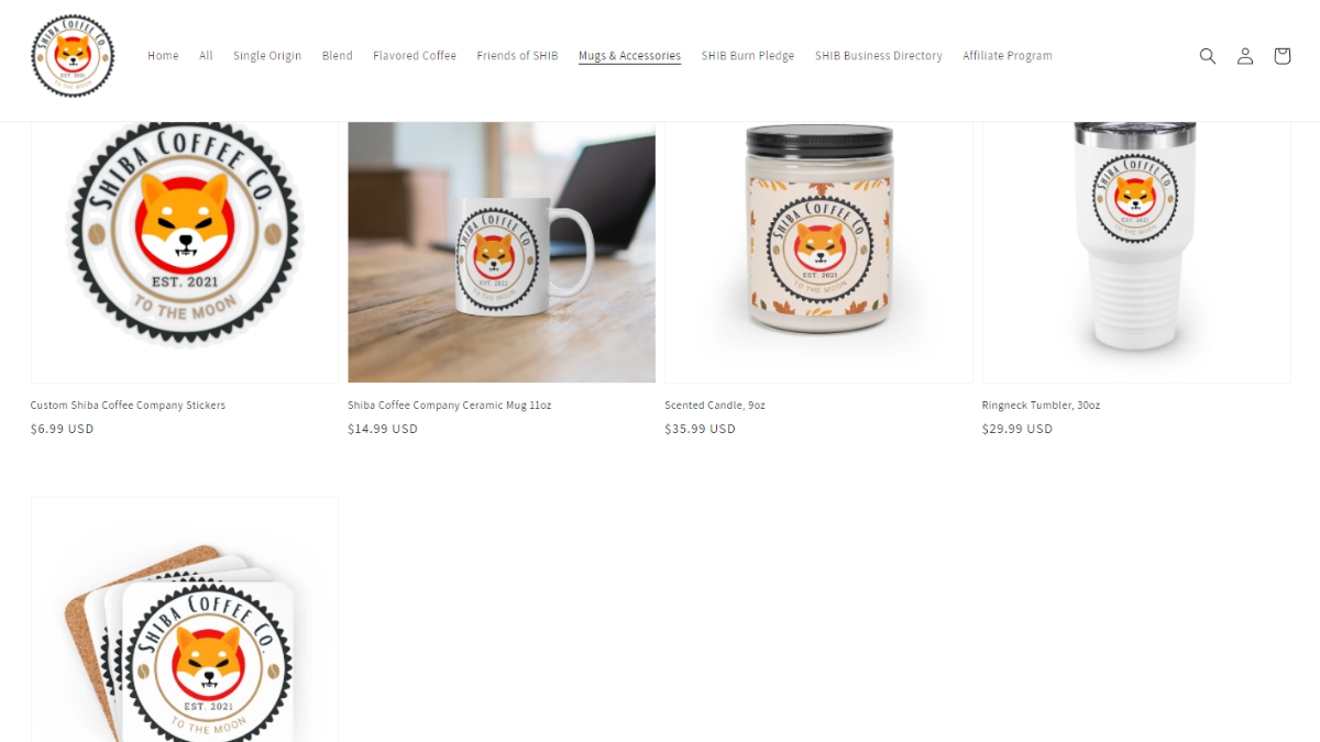 Image of the Shiba Coffee Company website, with pictures of a Shiba Inu mug, coasters, scented candle, stickers, and a tumbler.