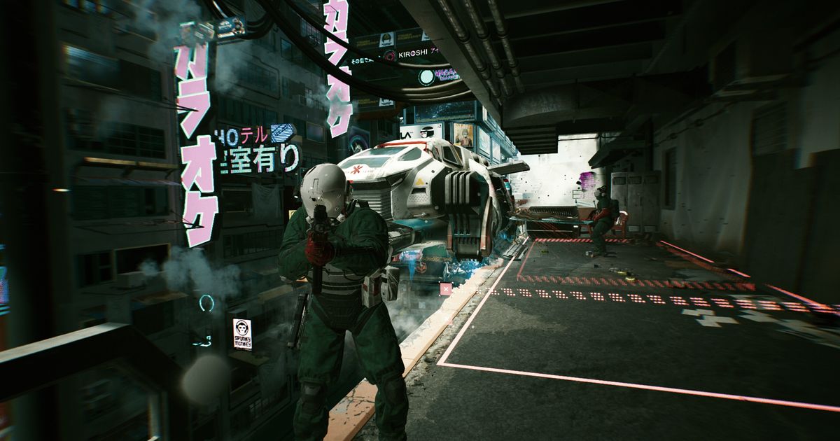 A screenshot of Cyberpunk 2077 looking like The Matrix.