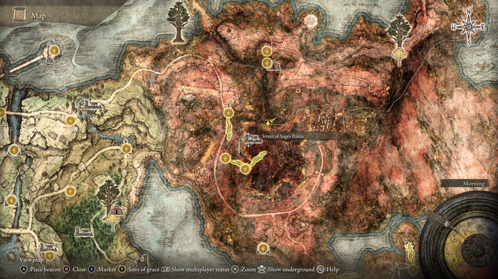 The location of the Meteorite Staff on Elden Ring's world map