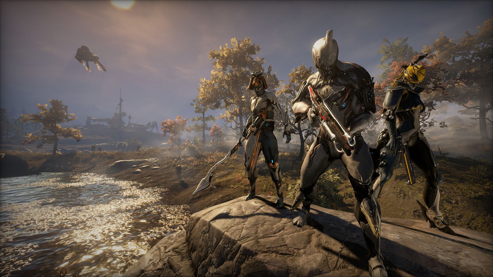 Image of three soldiers standing on a hill in Warframe.