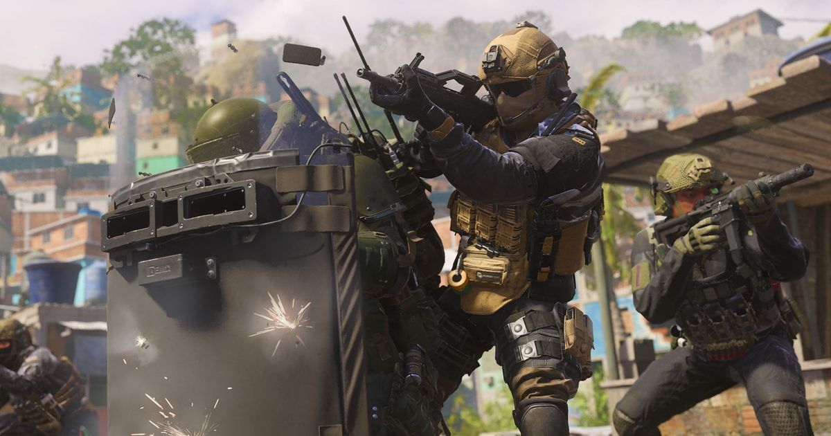 Modern Warfare 3 player firing gun next to player holding riot shield
