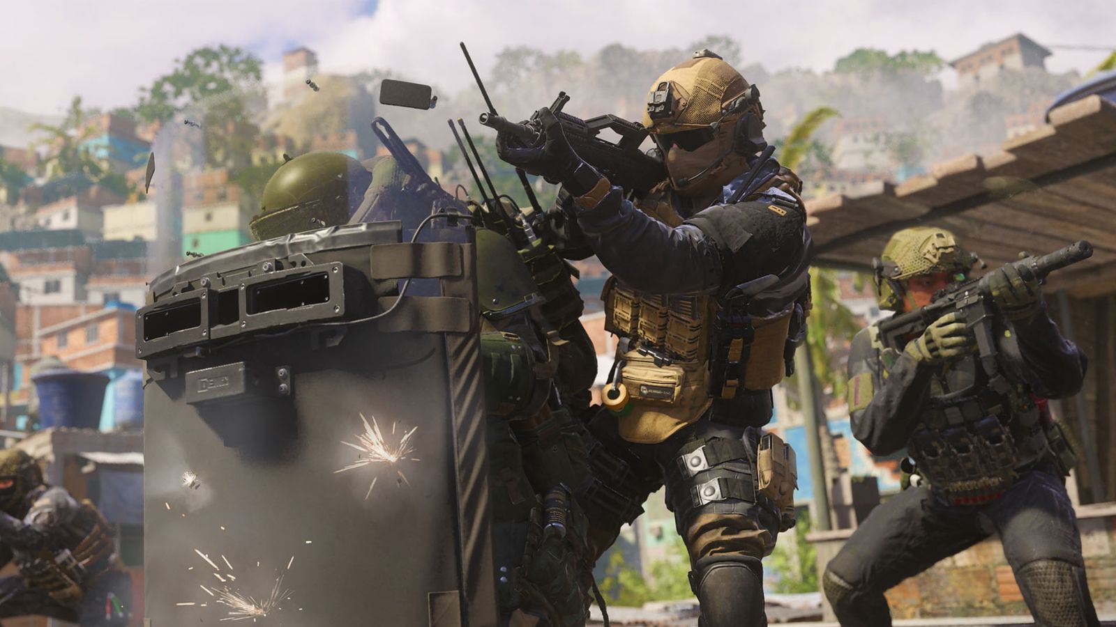 Modern Warfare 3 player firing gun behind player using riot shield