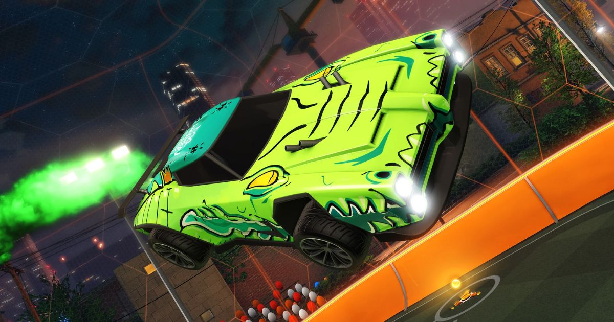 A green car in Rocket League flying through the air with green smoke coming out the back of it.