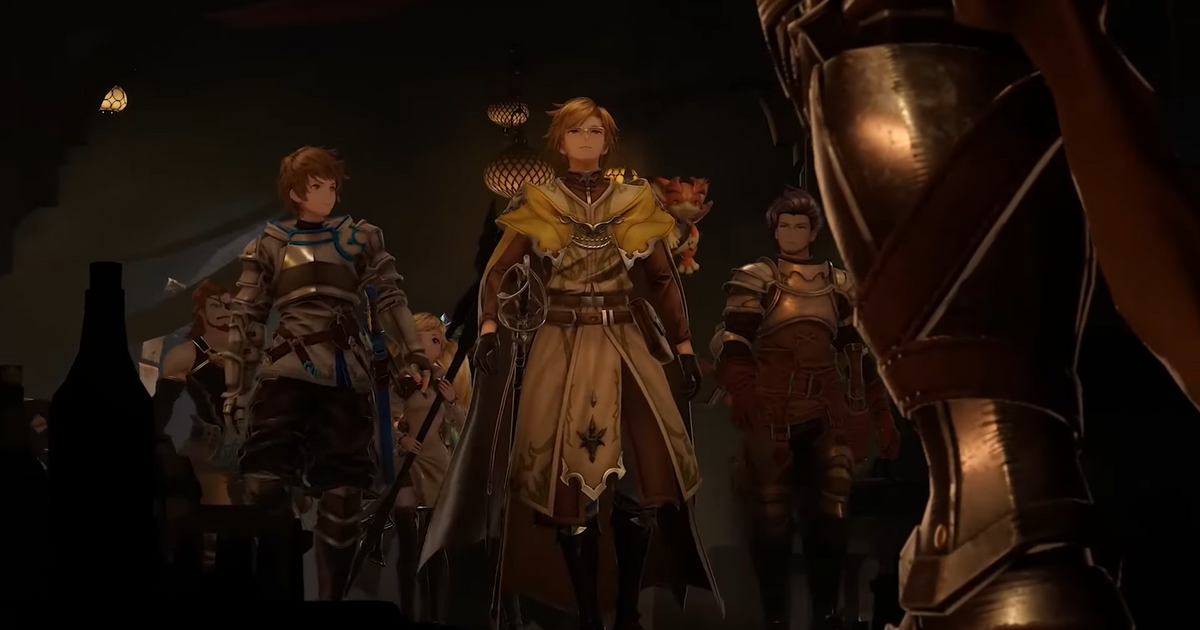 Multiple Granblue Fantasy: Relink characters walking together in a cutscene.