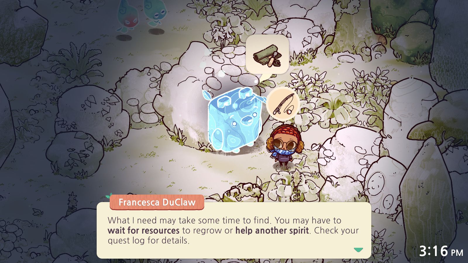 In-game image from Cozy Grove of a character in glasses and a red hat conversing with a blue creature.