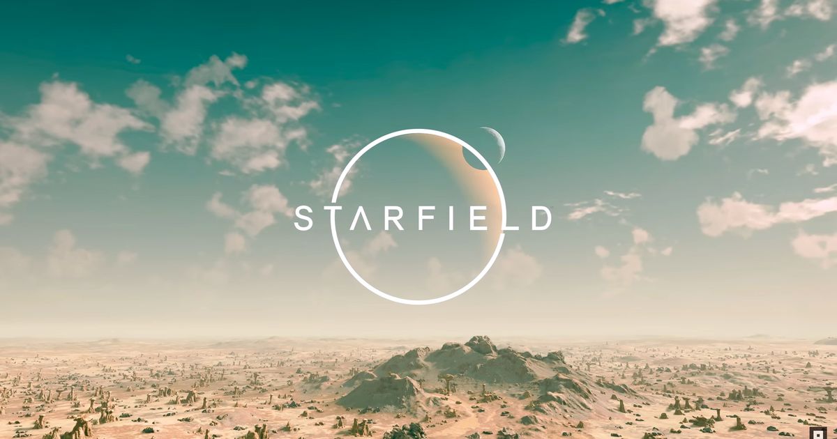 Screenshot from Bethesda's Starfield featuring a barren landscape with the words Starfield overlaid. 