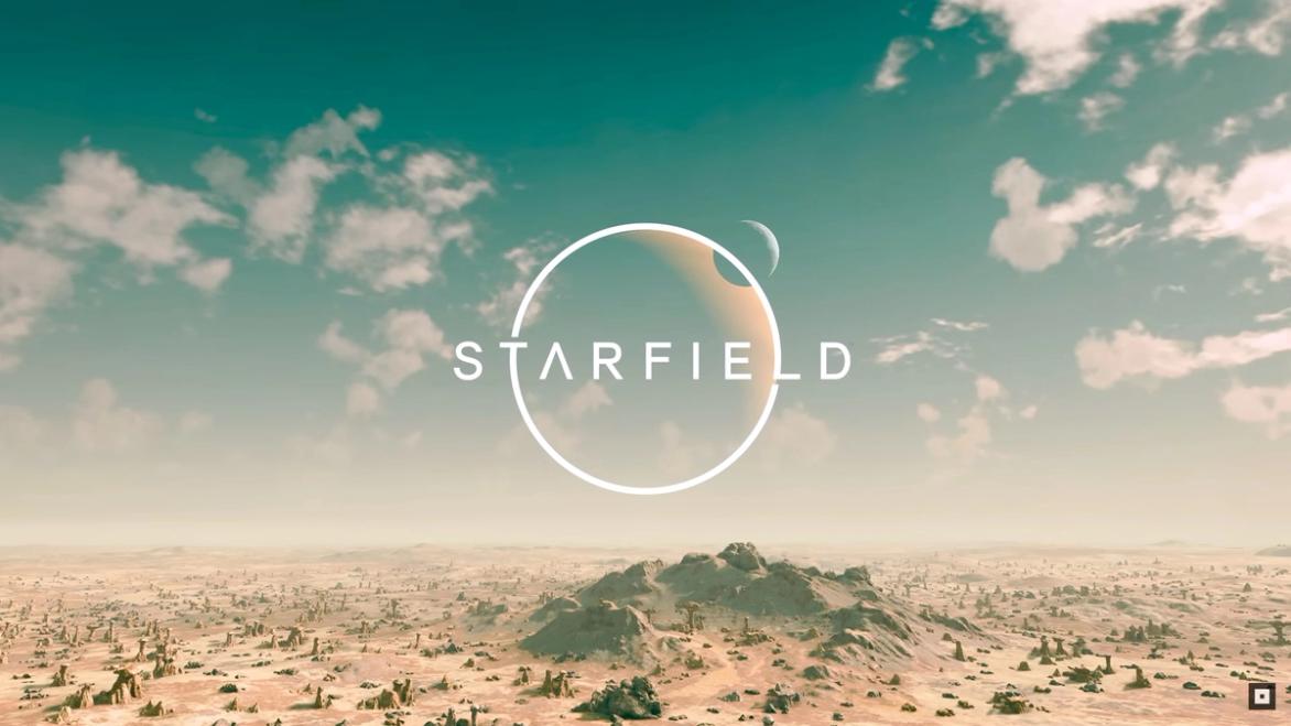 Screenshot from Bethesda's Starfield featuring a barren landscape with the words Starfield overlaid. 