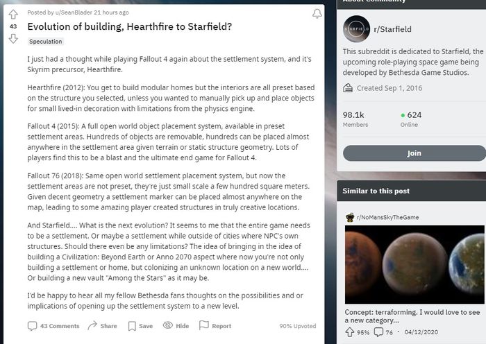 The first thread on the Starfield subreddit.