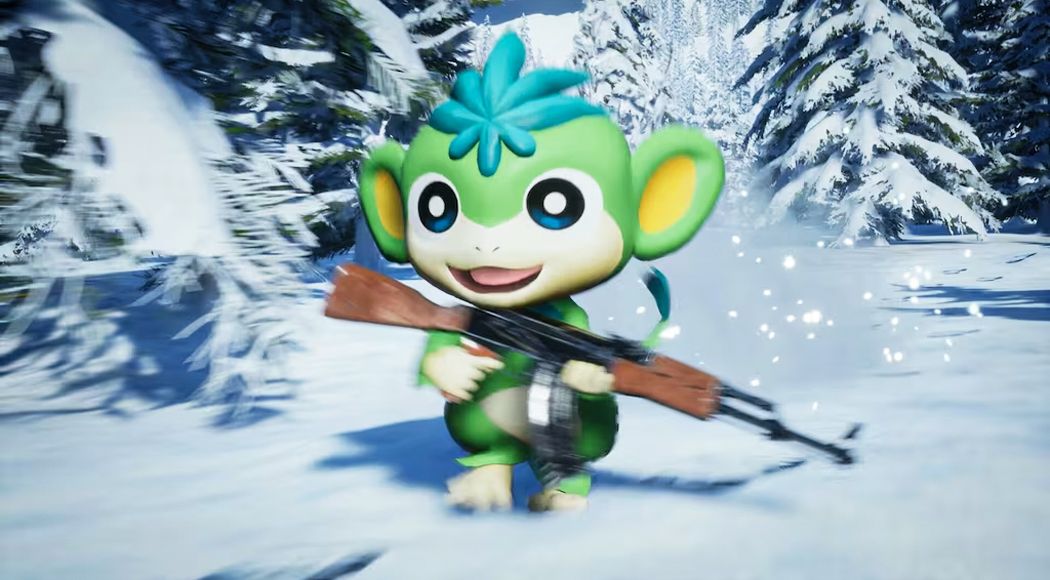 A green and white character from Palworld holding a black and brown AK-47 while running through snow.